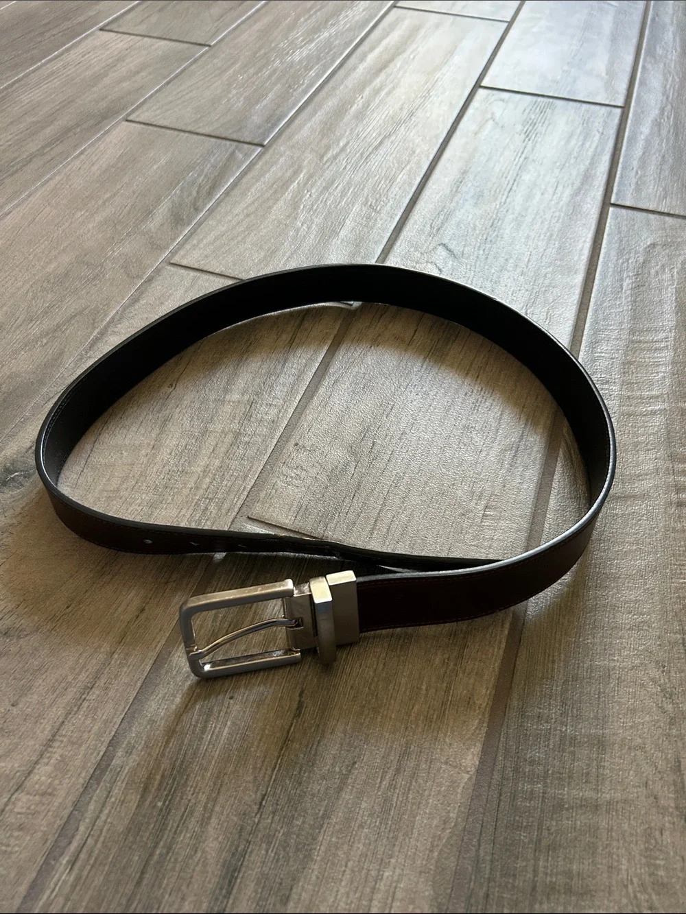 Men's Classic Brown Leather Belt with Silver Buckle reversible
